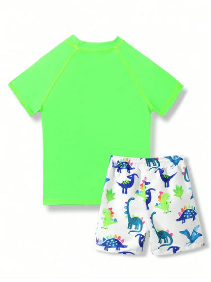 Boy Kids Swimsuit Green Short Sleeve Cartoon Dinosaur Children Swimwear Summer Beach Wear Shorts Bathing Suit Swimming