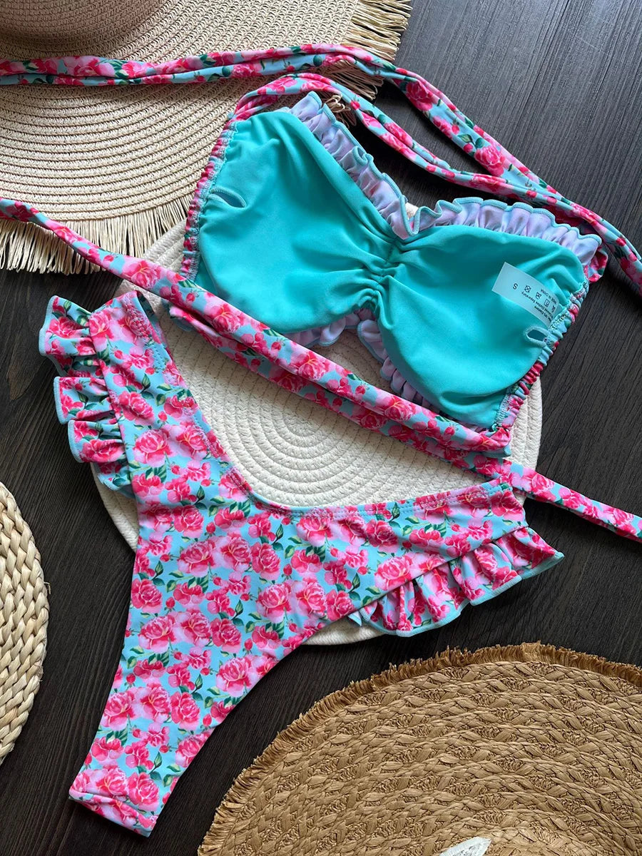 Flowers Print Ruffled Frilled Bandeau Bikini Women Swimwear Female Swimsuit Two-pieces Bikini Set Bather Bathing Suit Swim