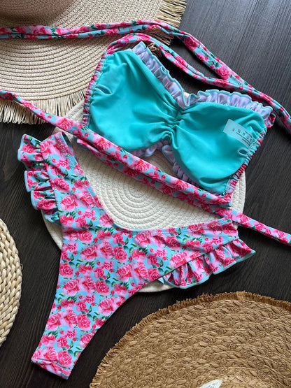 Flowers Print Ruffled Frilled Bandeau Bikini Women Swimwear Female Swimsuit Two-pieces Bikini Set Bather Bathing Suit Swim