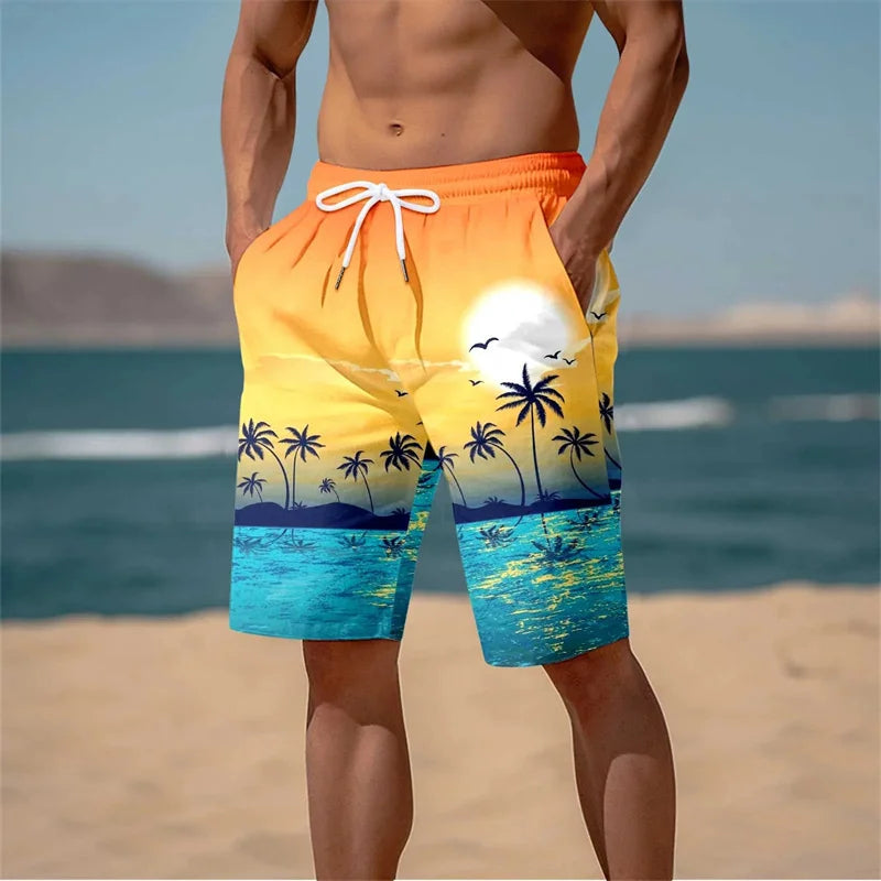 Harajuku 3D Cocoanut Trees Printing Beach Shorts Palm Tree Graphic Board Shorts For Men Hawaiian Cool Swimming Trunks