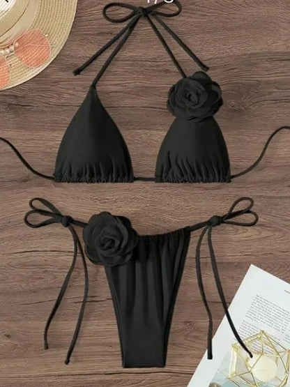 Flower Bandeau Swimwear Thong Bikini Women Lace-up Swimsuits Swimming Bathing Suit Brazilian Bikinis Set Mujer Biquini