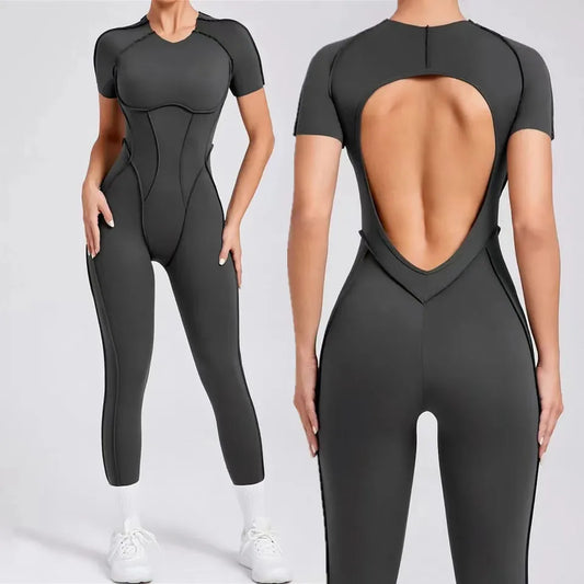 Women's One-piece chest pad Yoga Jumpsuit leggings Short sleeve Backless Slim Fit Sports Outfit High elasticity soft comfort