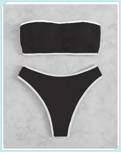 Bandeau High Waist Bikini Women Triangle Swimsuit Stitch Detail Swimwear Padded Bathing Suit Female Solid Beachwear