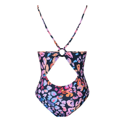 Leopard Print O-Ring One-Piece Swimsuit For Women V-neck Backless Monokini Swimwear Bathing Suit Beachwear Fashion