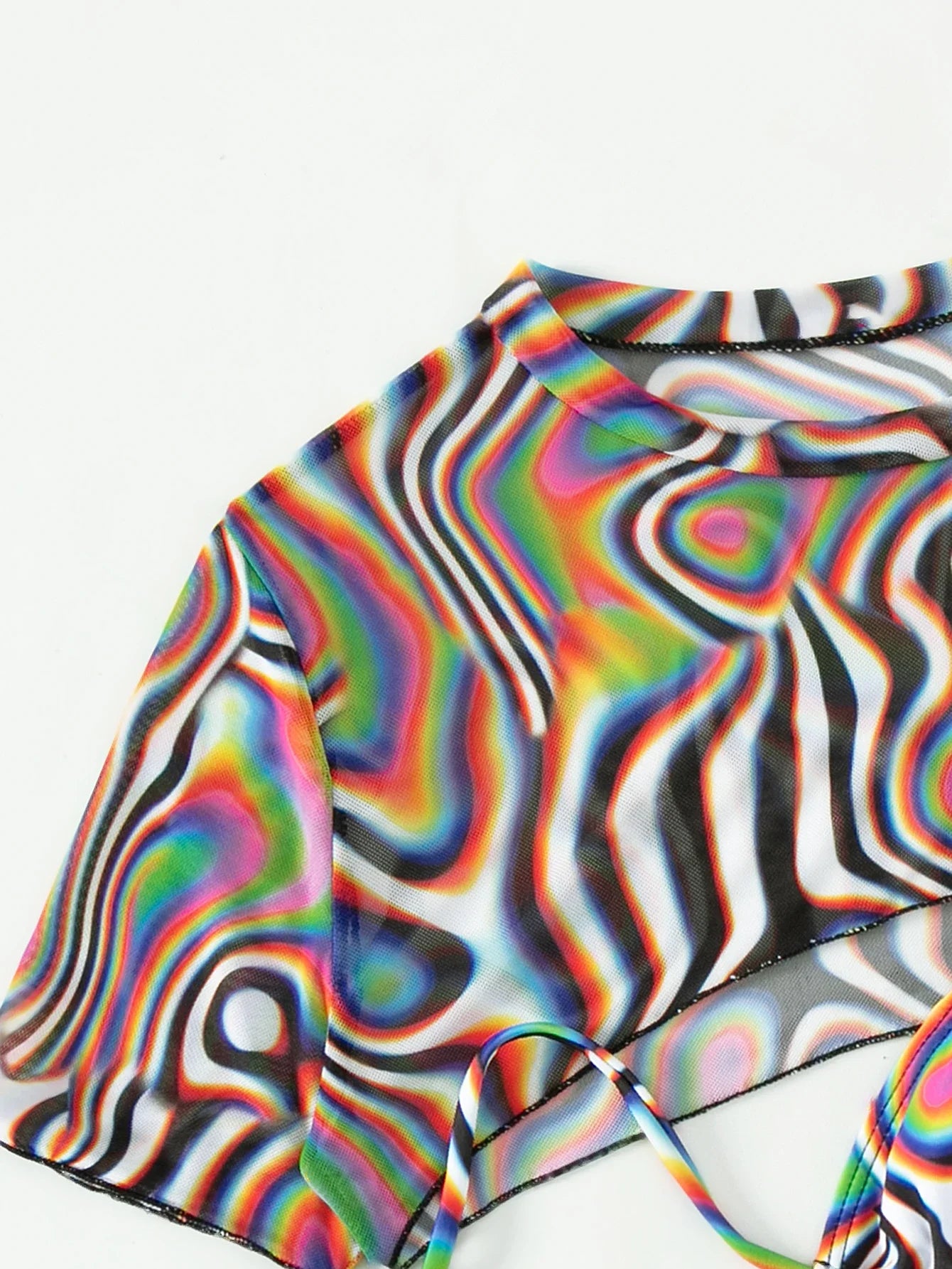 Short Sleeve 3 Piece Bikini Set with Mesh Cover Up Top Print Push Up Women Swimsuit Hollow Out  High Waist Bathing Suit Swimwear