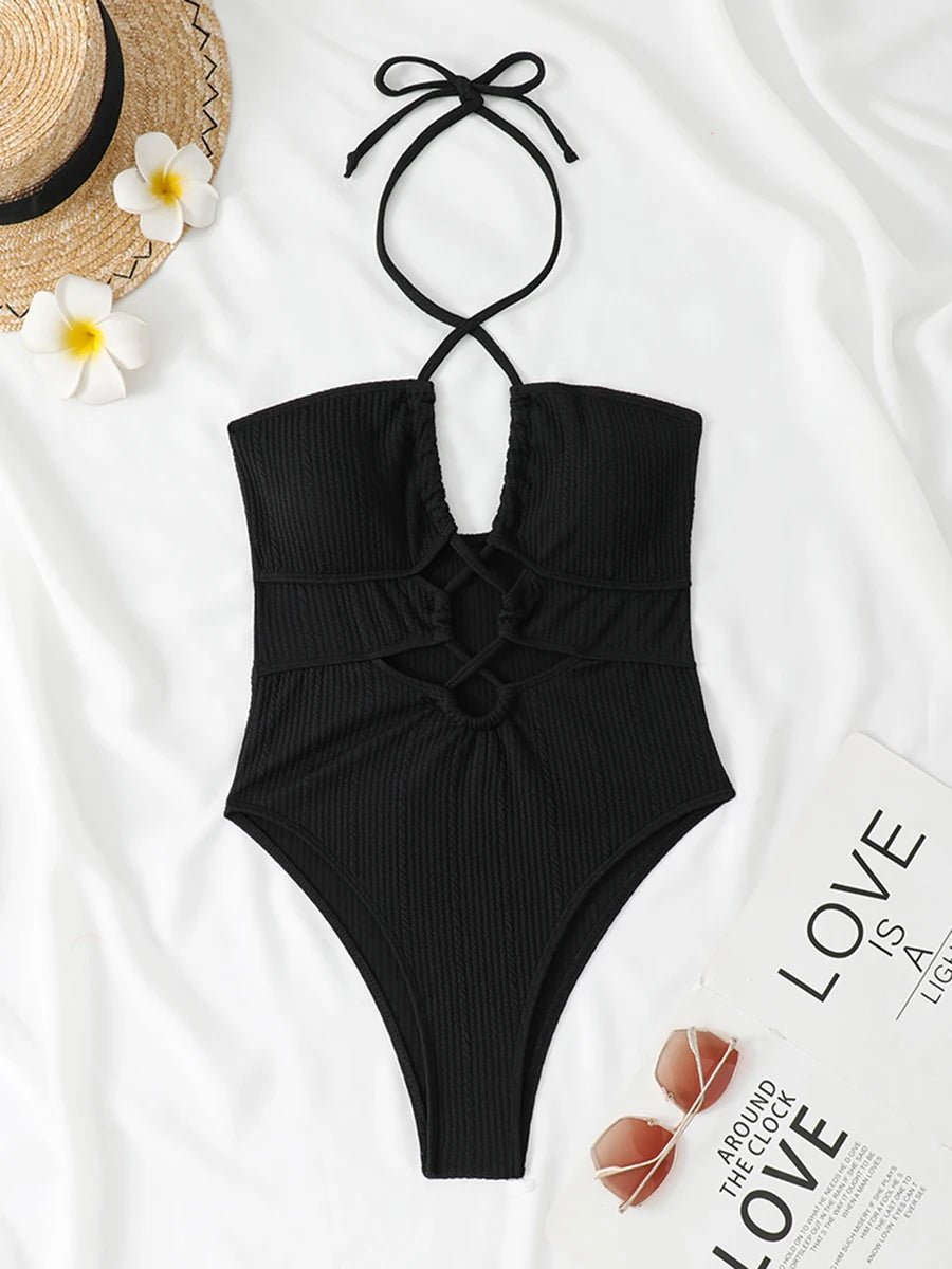 Halter Swimsuit One Piece Solid Hollow Swimwear Women Bathers Bathing Swimming Swim Suit Female Beachwear Bodysuit