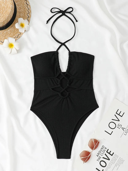 Halter Swimsuit One Piece Solid Hollow Swimwear Women Bathers Bathing Swimming Swim Suit Female Beachwear Bodysuit