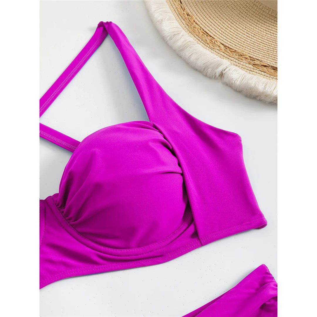 Pleated Underwired Padded Female Swimsuit High Waist Bikini Women Swimwear Two-pieces Bikini set Bather Bathing Suit Swim