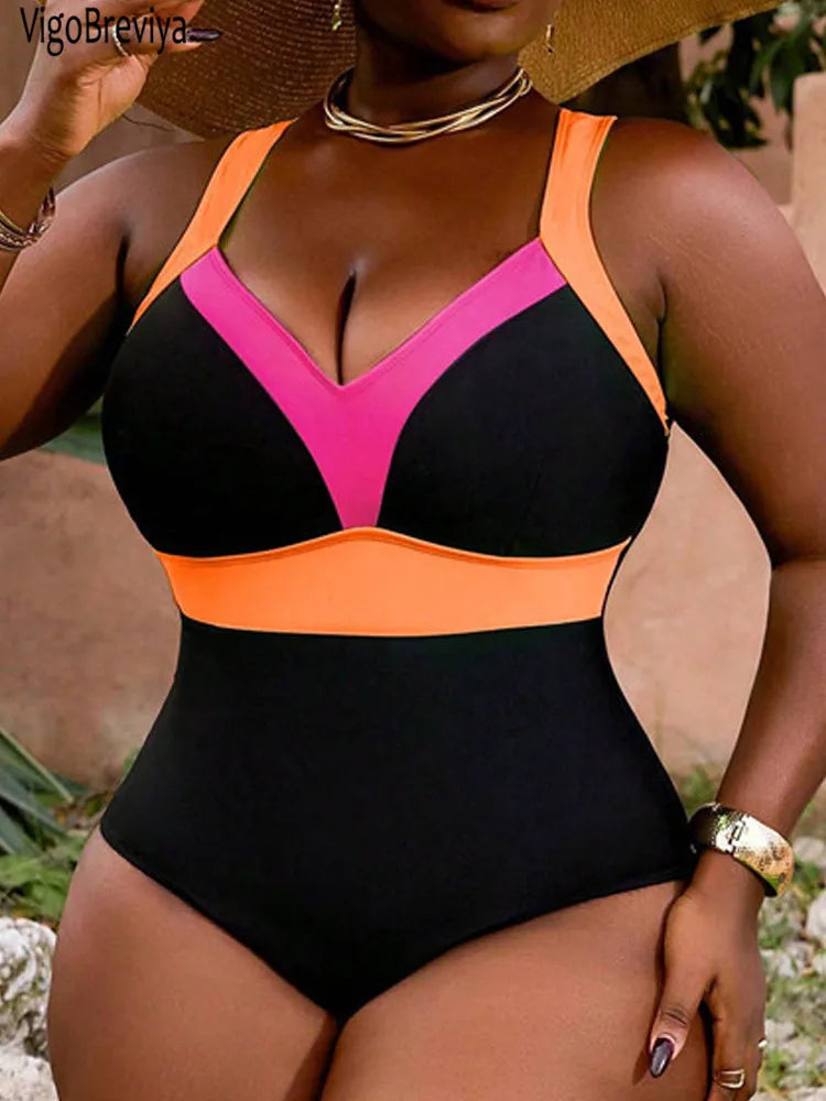 Solid Patchwork Plus Size Swimwear Women Strapped Curvy One Piece Swimsuit Lady Large Big Bathing Suit