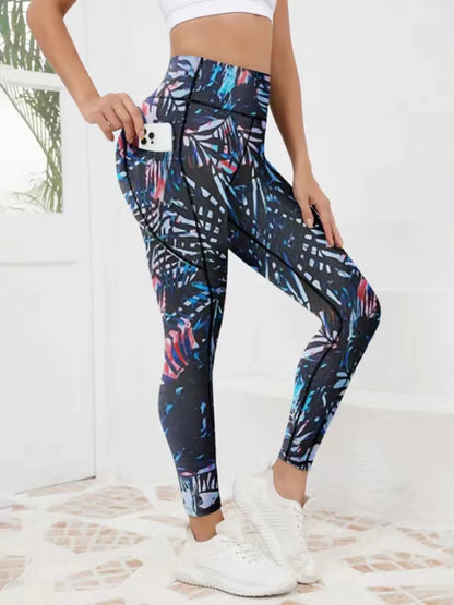 Printed women's high waistband pocket fitness pants paired with tight abdominal yoga pants, suitable for running