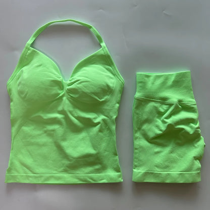 2Pcs Gym Set Women Backless Tank Tops High Waist Scrunch Seamless Shorts Gym Suit Fitness Clothes Activewear Workout Set