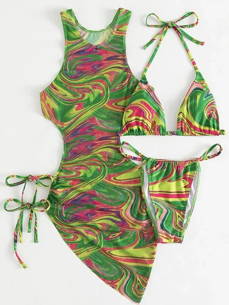 Tie Dye Swimsuit Women Lace Up Bikini Suit Hollow Out Block Color Bathing Suit Three-pieces Swimwear Beachwear