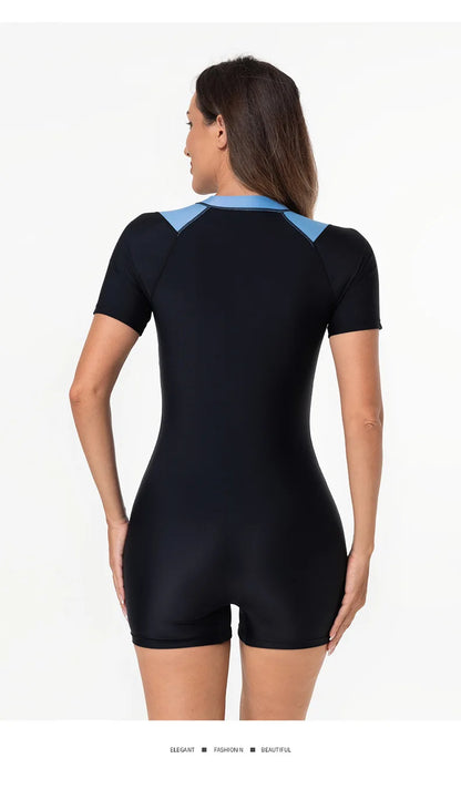 One-piece Swimsuit Zipper Sports Surf Suit Women's Short-sleeve Swimwear Female Beachwear Shorts Wetsuit