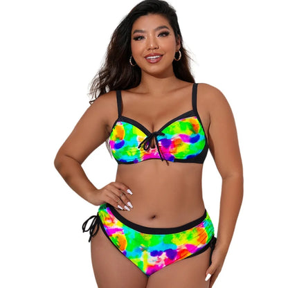 Trendy Bikini Three-Color Print Tie Adjustable Plus Size Two-Piece Swimsuit