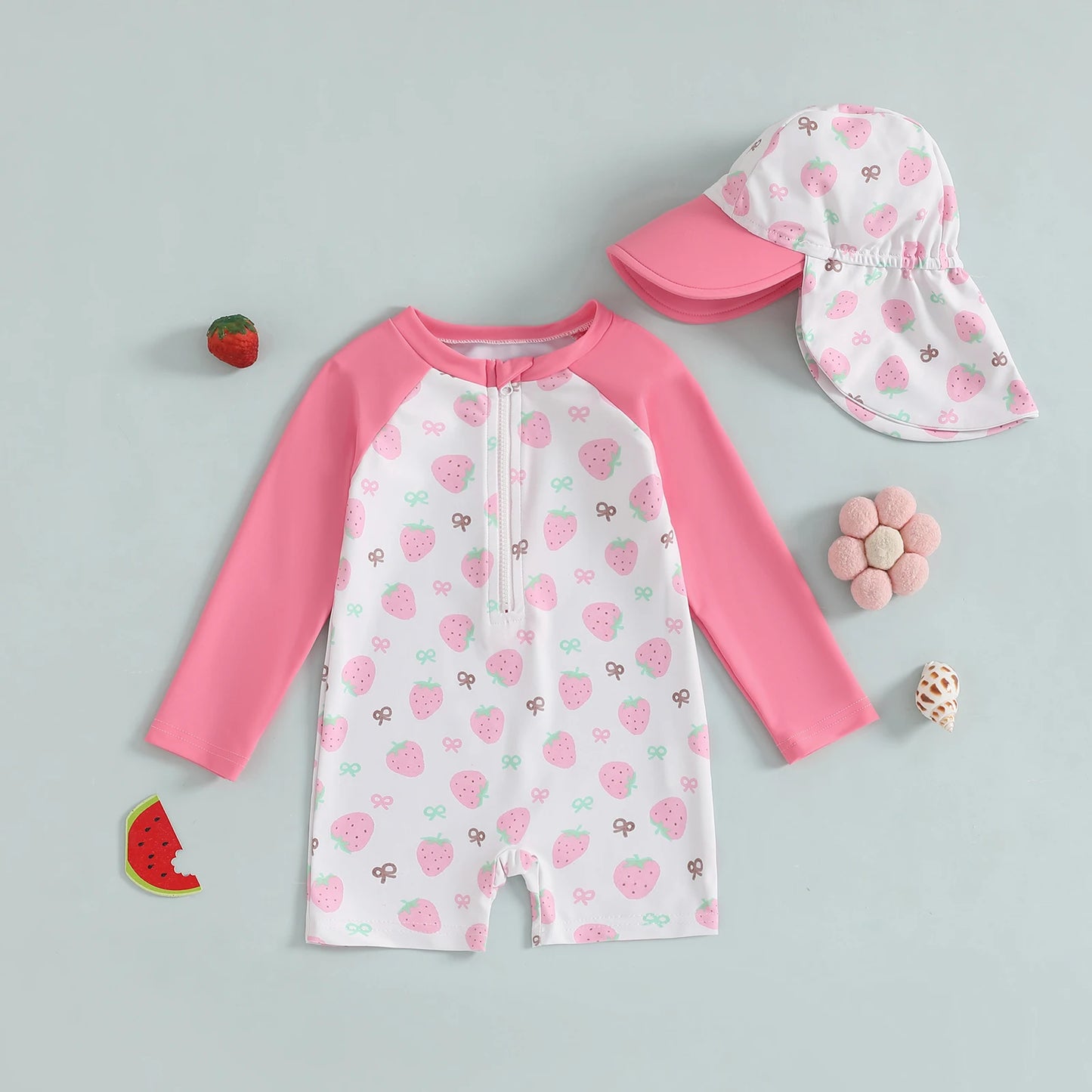 Toddler Girl Long Sleeve Swimsuit Floral/Bow/Strawberry Print Half Zipper Non-Pilling Rash Guard Swimwear Sunhat Set