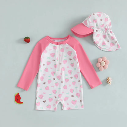 Toddler Girl Long Sleeve Swimsuit Floral/Bow/Strawberry Print Half Zipper Non-Pilling Rash Guard Swimwear Sunhat Set