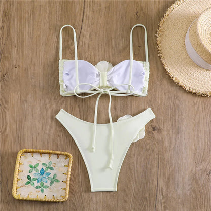 Flower Bandeau Swimwear Thong Bikini Women Lace-up Swimsuits Swimming Bathing Suit Brazilian Bikinis Set
