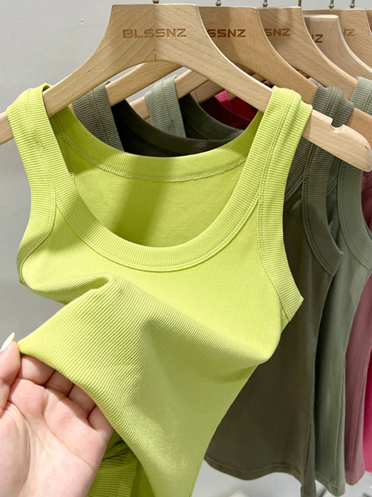 Women Solid Round Neck Ribbed Tank Top Camisole Women  Elastic Tank Top O Neck Solid Tank Top