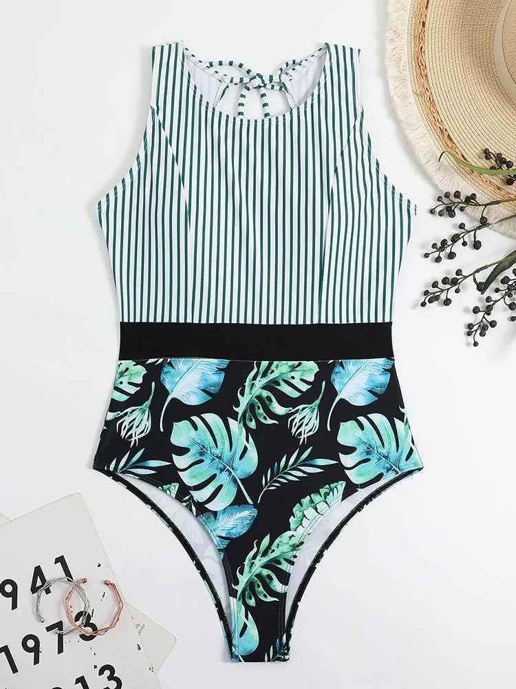One Piece Swimsuit Women Striped Print Beachwear Hollow Out Lace Up Monokini Summer 2026 Bikinis Beach Fashion Bodysuit