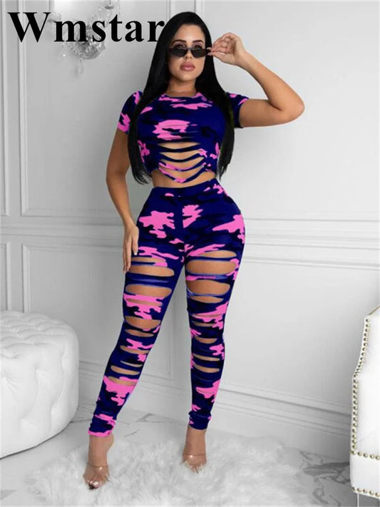 Wmstar Women Two Piece Set Summer Sport Fashion Casual Ripped Sweatshirt Sweat Camouflage Print Pant Sets Outfit Tracksuit