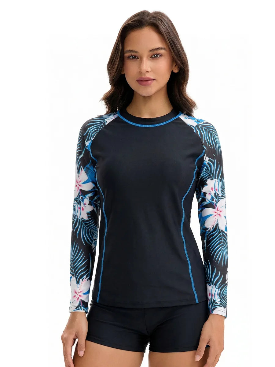 Printed Women Long Sleeve Rash Guard Swimsuit Conservative Sun Protection High Waist Boy Shorts Two Piece Swimwear Bathing