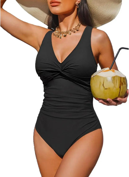 S - XXL Twist Front V Neck Female Swimwear One Piece Swimsuit Women Slim Monokini Backless Bathing Suit Swim Beachwear Bodysuit