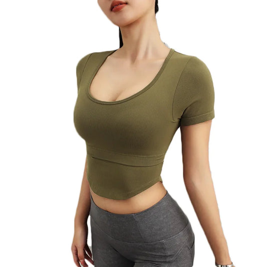 Aiithuug U Neck Yoga Bra Crop Bra Short Sleeve Ribbed Gym Crop Pilates Bras Gym Bra Workout Crops Fitness Top Running Crops