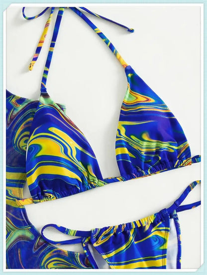 3 Piece Print Halter Triangle Bikini Sets Women Cover Up Swimwear Summer Swimsuit Female Bathing Swimming Suit Beachwear