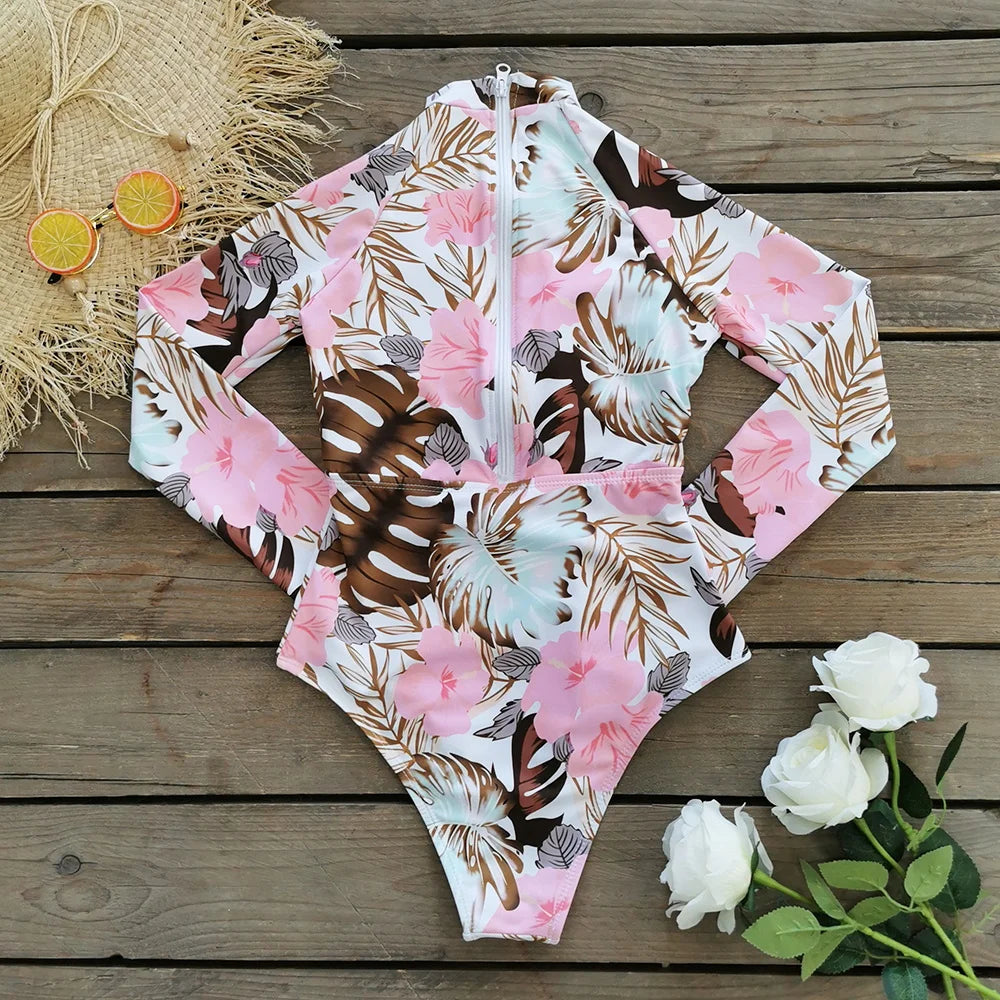 Zipper Surfing One Piece Swimsuit Long Sleeves Women Swimwear Bathing Suit Printed Female Swimsuit Vintage Beachwear