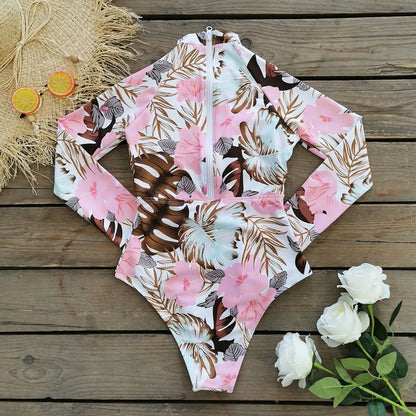 Zipper Surfing One Piece Swimsuit Long Sleeves Women Swimwear Bathing Suit Printed Female Swimsuit Vintage Beachwear