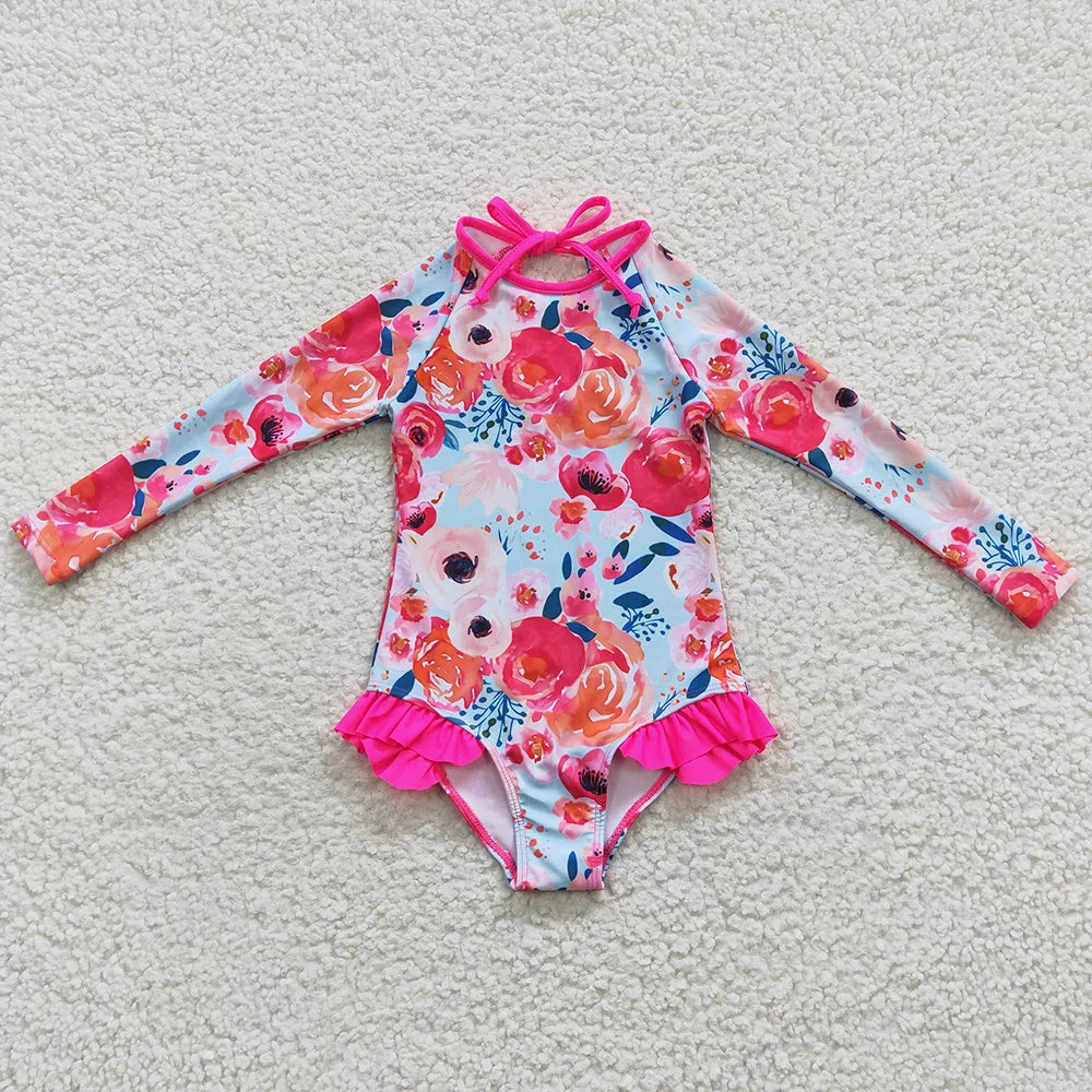 Colourful Designs Baby Girls Swimsuits Long Sleeve One Pieces Swimsuit Summer Fashion Kids Clothes Swimwear Boutique Girls Swim Clothes