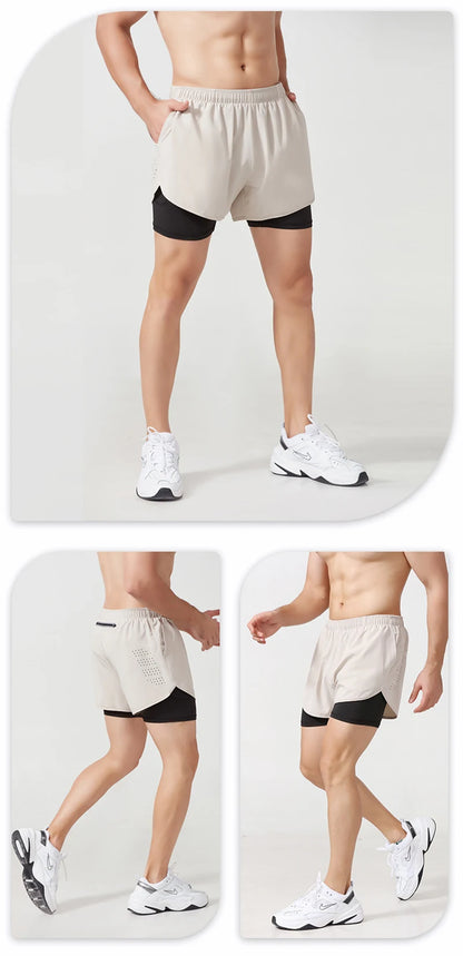 Men's Running Shorts Quick-drying Fitness Black Double Layer Shorts Men Sport Workout Training Bodybuilding Short Pants
