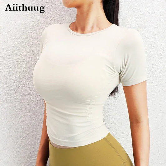 Side Ruched Round Neck Yoga Short Sleeve Seamless Shirts Stretch Breathable Daily Sports Tennis Golf Tops Fitness Crops