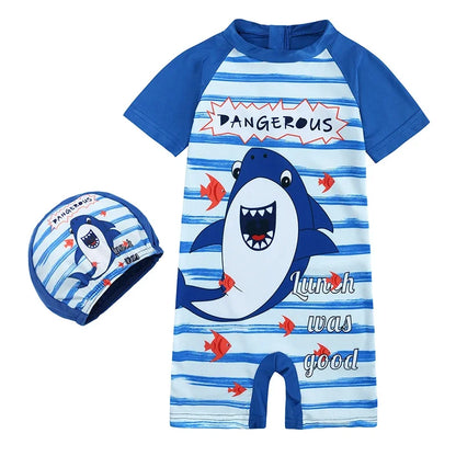 Baby Boys Girls 2pcs Summer Beach Swimwear Print Cartoon Cap+Bodysuit Infant Suit Outfit Bathing Swimsuit
