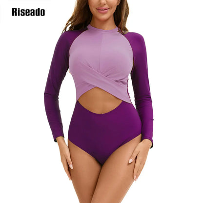 Women's Long Sleeve Rash Guard Cut Out One Piece Swimsuit Sun Protection Back Zipper Bathing Suit