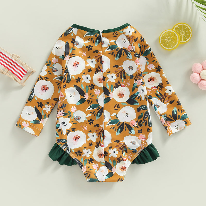 0-4Y Toddler Baby Girl Swimsuit Romper 4 Colors Flower Print Long Sleeve Ruffle Bikini Bathing Suit