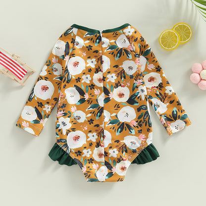0-4Y Toddler Baby Girl Swimsuit Romper 4 Colors Flower Print Long Sleeve Ruffle Bikini Bathing Suit