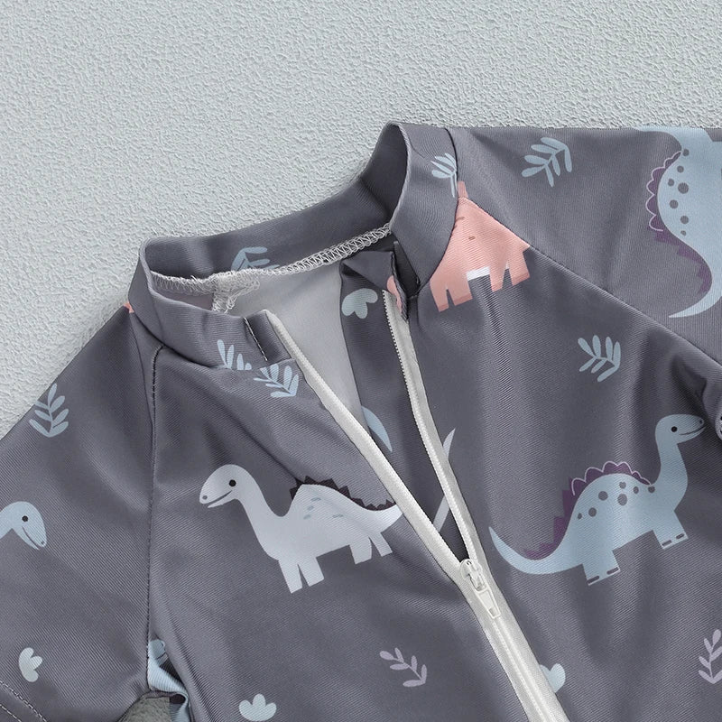 Baby Boy's Dinosaur Swimsuit Round Neck Half Zip Up Short Sleeve Rash Guard Swimwear Infant Toddler Bathing Suit 0-3T