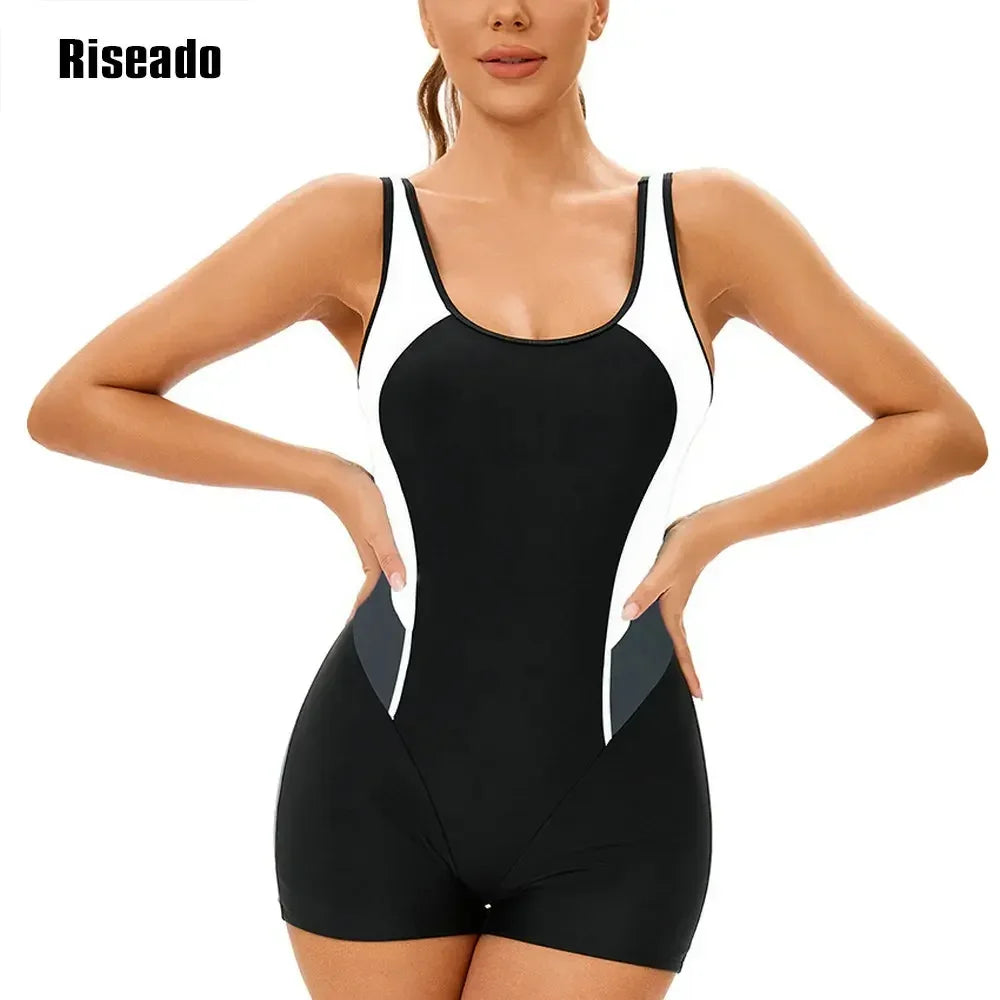 Women's Sport Beachwear One Piece Slimming Bathing Suit Splice Leg suit Korean Swimsuit for Pool Swimming