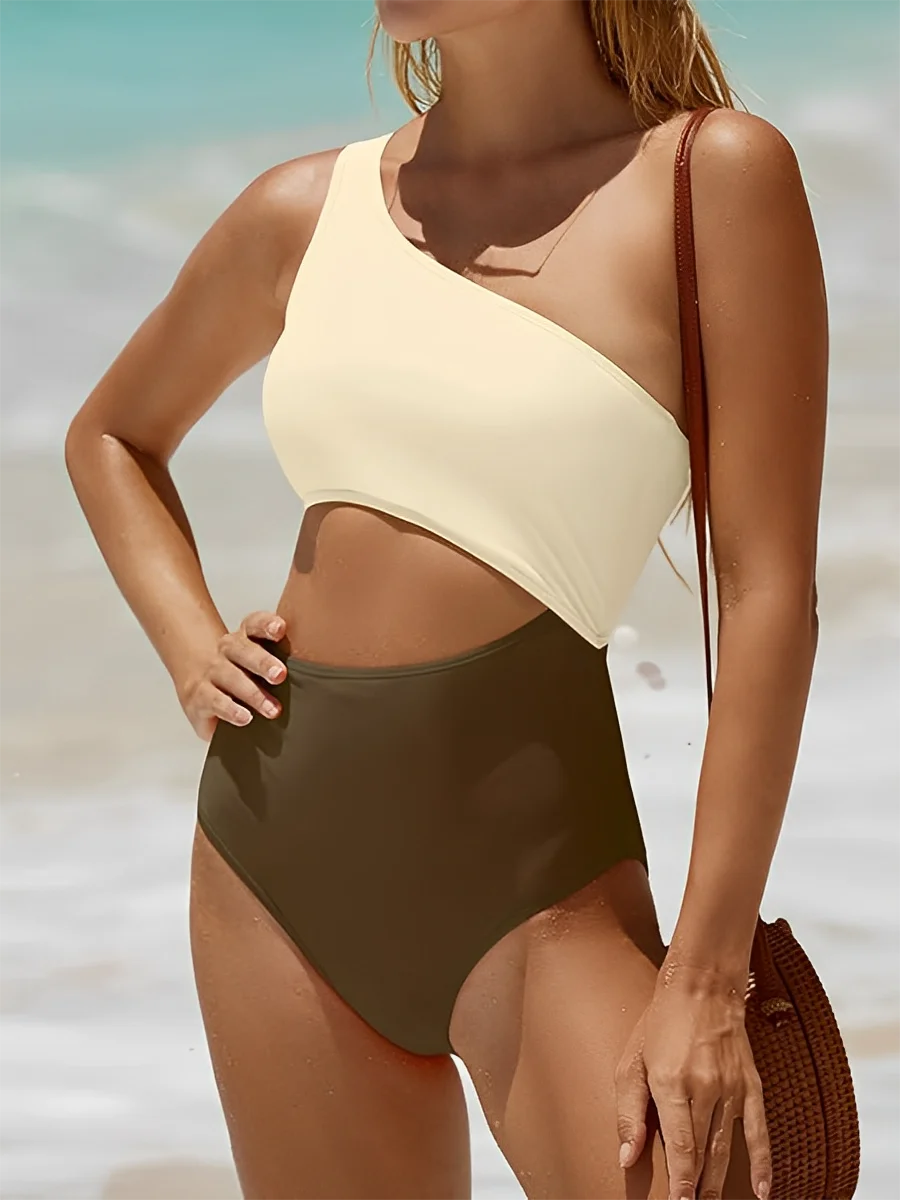 One Shoulder Swimsuit Women One Piece Solid Hollow Swimwear Female Bathers Bathing Swimming Swim Suit Beachwear XXL