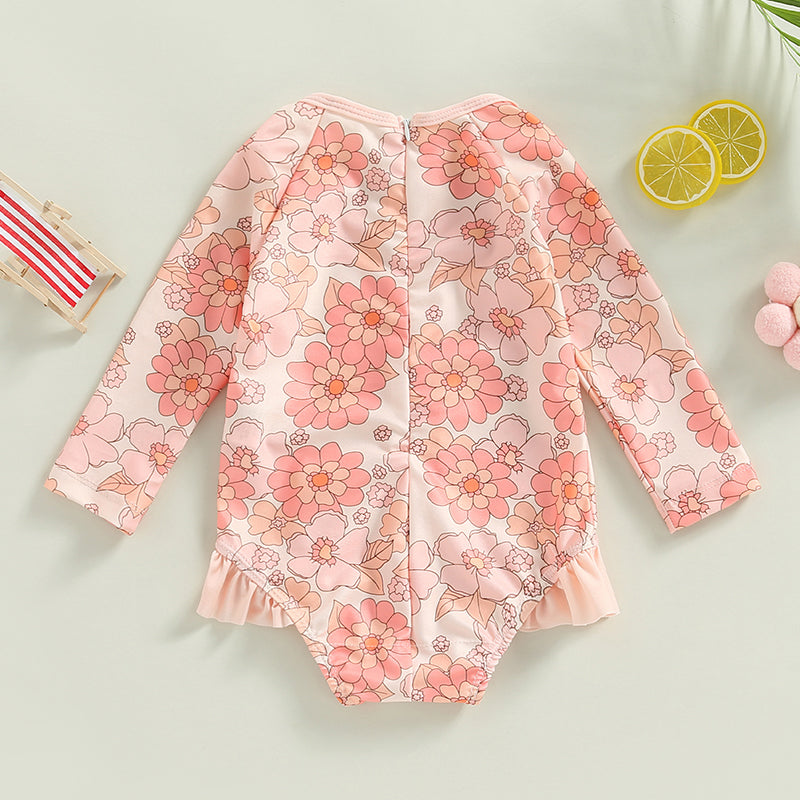 0-4Y Toddler Baby Girl Swimsuit Romper 4 Colors Flower Print Long Sleeve Ruffle Bikini Bathing Suit