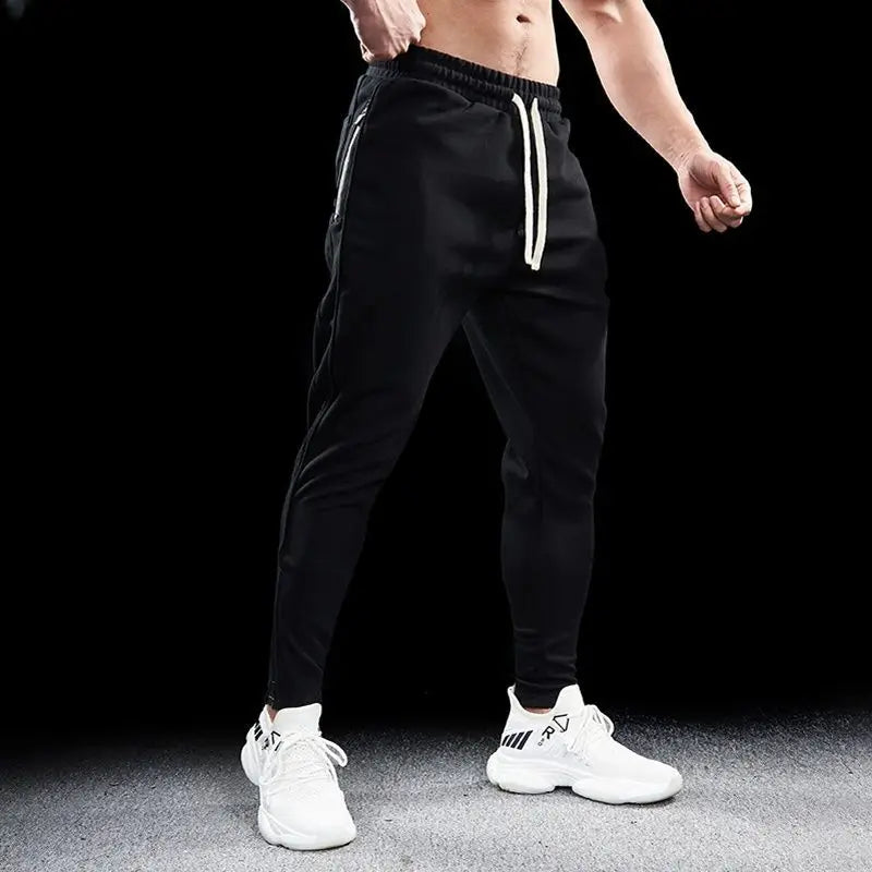 Autumn Winter Men Pure Cotton Motion Elastic Waist Bodybuilding Sweatpants Comfortable Breathable Zipper Elastic Slim Trousers