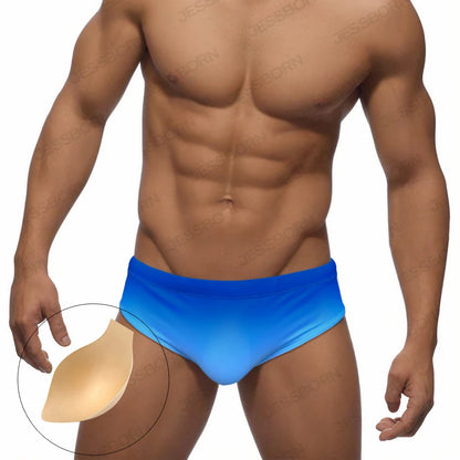 Men's Solid Gradient Swim Briefs Low Waist Pad Push Up Bathing Suit Polyester Quick Dry Male Sport Beach Surfing Swimwear