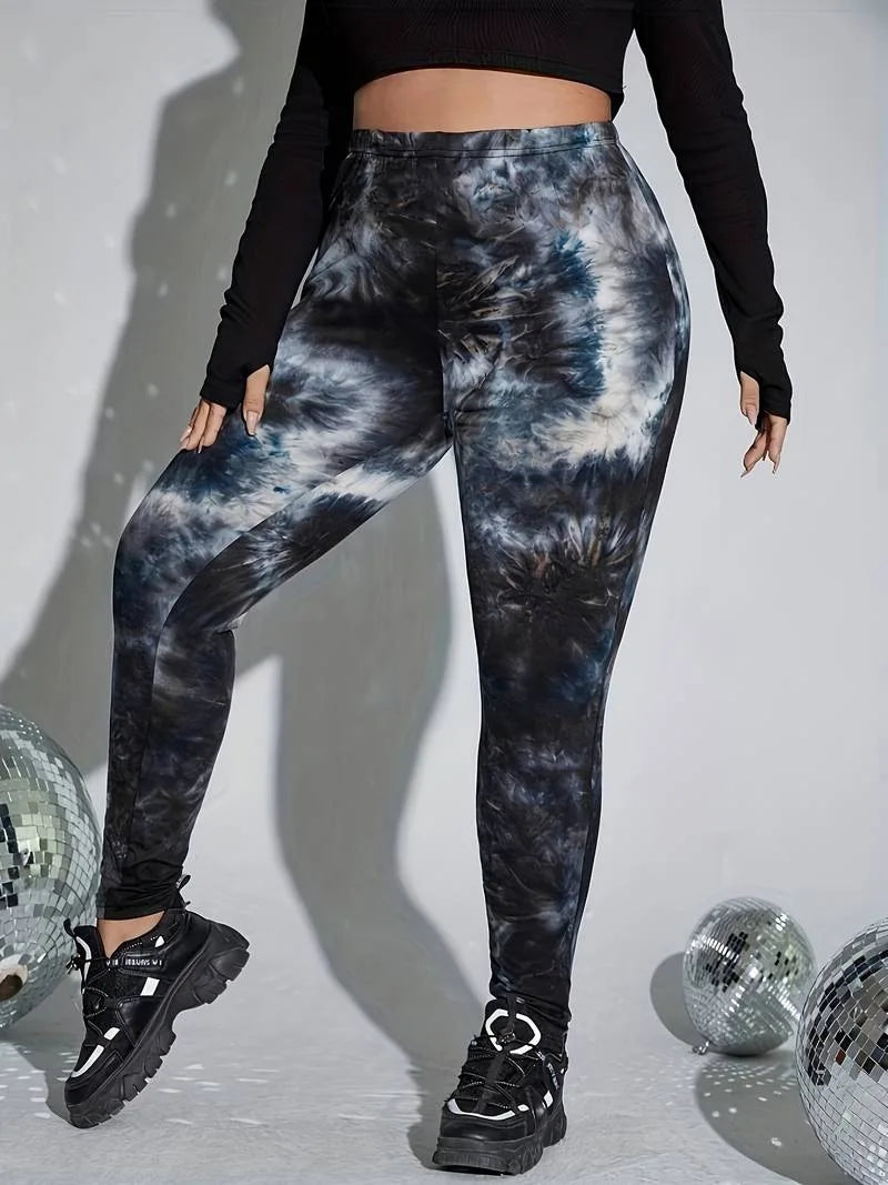 GIBSIE Plus Size Autumn Tie Dye Leggings Women Fashion Slim-fit Casual High Waist Leggings Street Retro Women's Pants