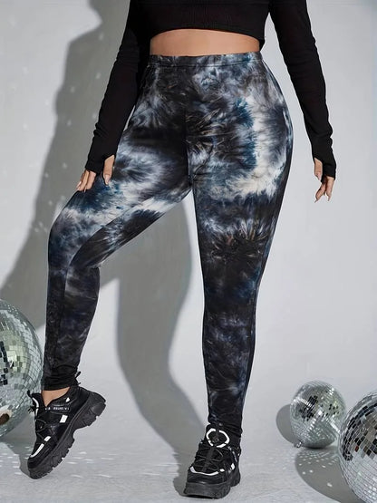 GIBSIE Plus Size Autumn Tie Dye Leggings Women Fashion Slim-fit Casual High Waist Leggings Street Retro Women's Pants