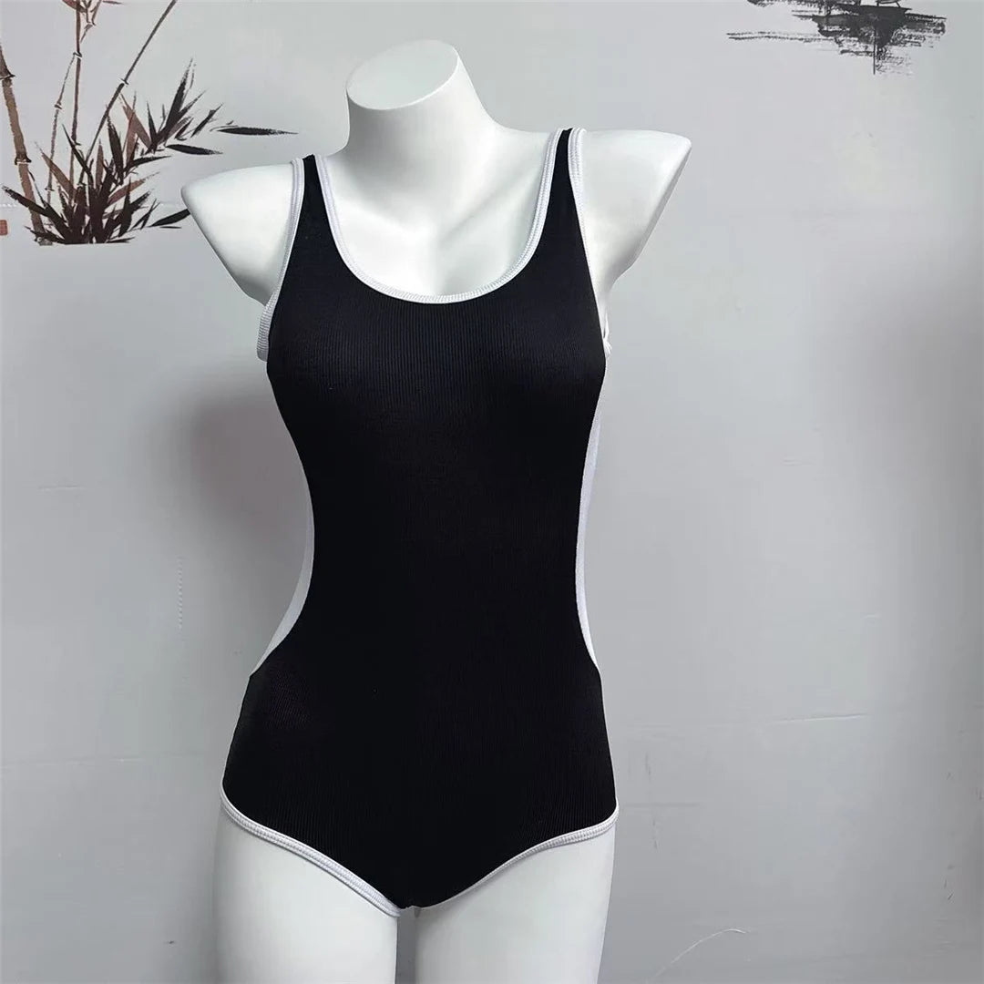 Long Sleeve Cover Up Splicing One Piece Swimsuit Women Swimwear Female Ribbed Backless Bather Bathing Suit Swim