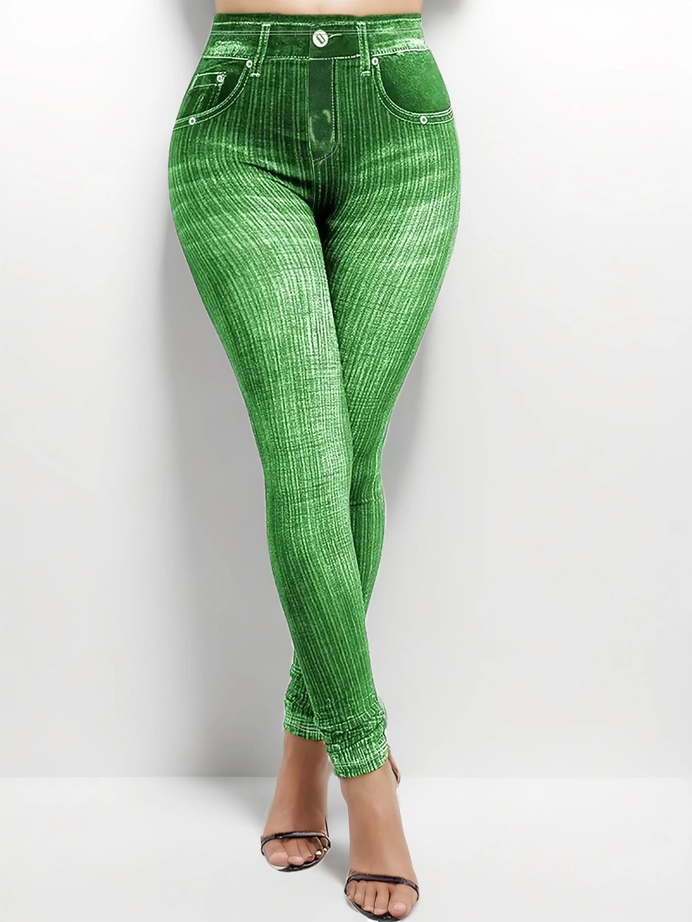 Plus size women's leggings with denim print and line pattern, showcasing a fashion-forward and casual high-stretch knitted pants