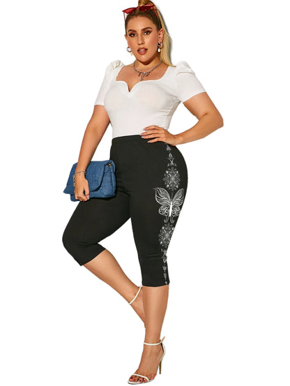 Plus Size High Waist Capri Leggings Ladies Yoga Body Shaping Black Casual Jeggings 3D Printed Skinny Pencil Pants 5XL