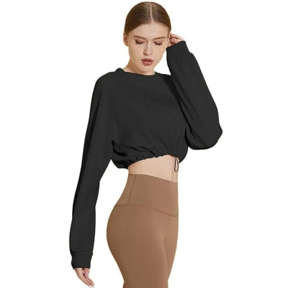 Yoga Gym Top Women Shirts Long Sleeve Crop Top Sportswear Loose Elastic Breathable Adjustable Hem Sports Womens Clothing