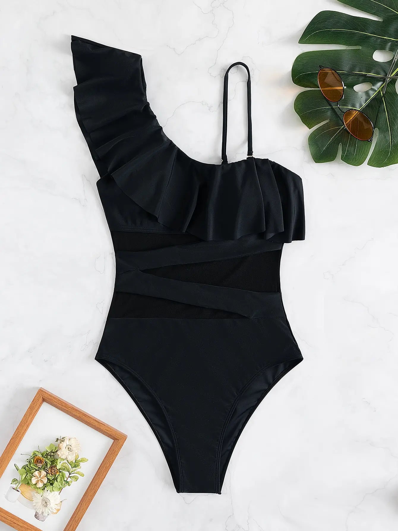 Ruffle Contrast Mesh Swimsuit Women One Piece Swimwear Bodysuit Bathers Bathing Swimming Swim Suit Sports Beachwear